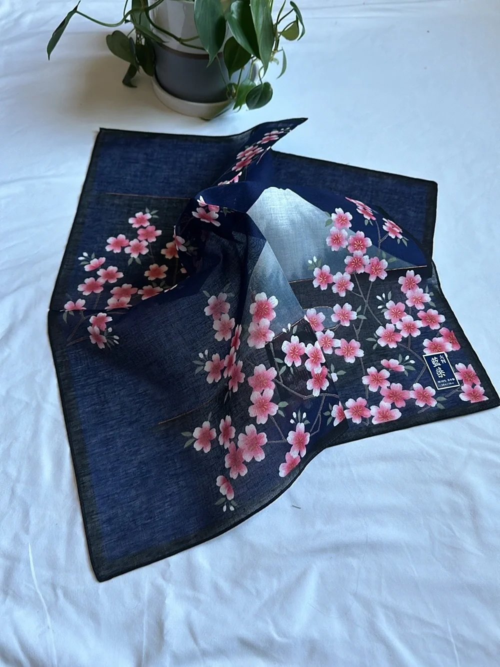 Floral Cherry Blossom Mountain Square Scarf - Navy & Pink
